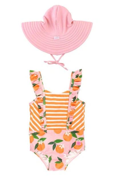 Rufflebutts Babies' Orange Pinafore One-piece Swimsuit & Hat Set