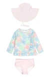 RUFFLEBUTTS PASTEL PALMS RUFFLE LONG SLEEVE TWO-PIECE RASHGUARD SWIMSUIT & HAT SET