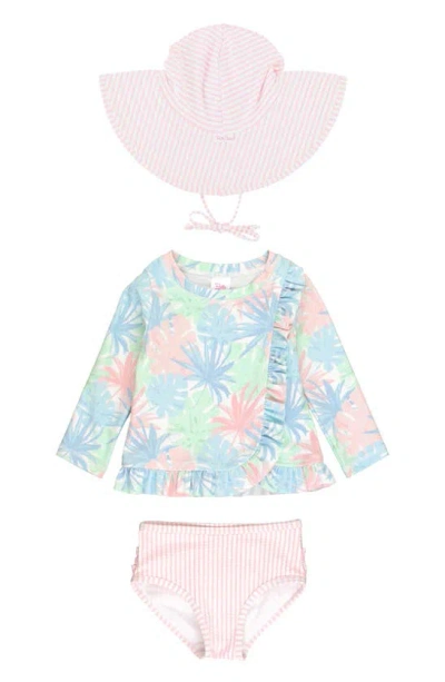 Rufflebutts Babies'  Pastel Palms Ruffle Long Sleeve Two-piece Rashguard Swimsuit & Hat Set