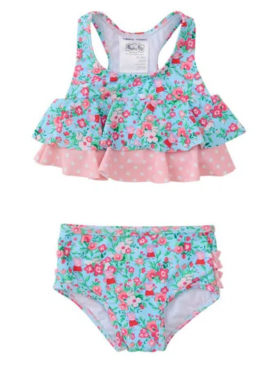 Rufflebutts Kids'  Peppa Pig Flounce Bikini 2-piece Swimsuit, With Signature Rear Ruffles (baby, Toddler, L In Blue Floral Peppa Pig