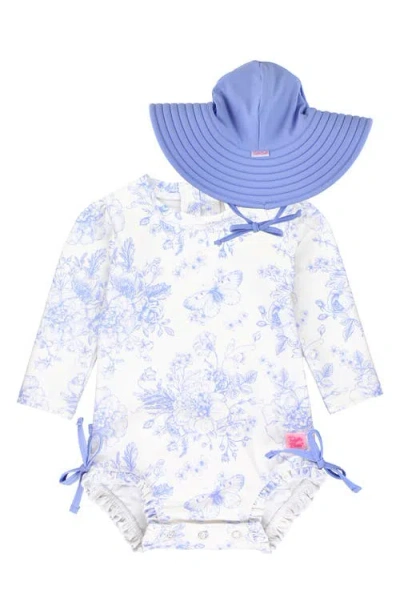 Rufflebutts Babies'  Periwinkle Garden Long Sleeve One-piece Rashguard Swimsuit & Hat Set In Blue