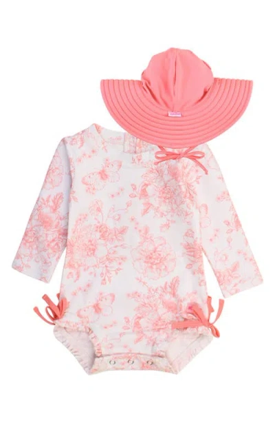 Rufflebutts Babies'  Pink Garden One-piece Rashguard Swimsuit & Hat Set