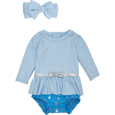Rufflebutts Babies'  Princess One-piece Rashguard Swimsuit & Bow Head Wrap Set In Blue