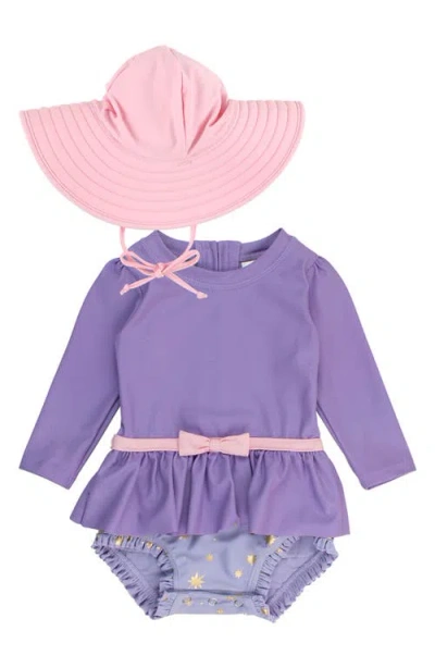 Rufflebutts Babies'  Princess One-piece Rashguard Swimsuit & Sun Hat Set In Purple