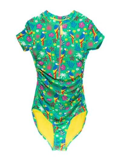 Rufflebutts Quarter Zip Short Sleeve One Piece Rash Guard Swimsuit In Green