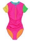 Rufflebutts Quarter Zip Short Sleeve One Piece Rash Guard Swimsuit In Multi