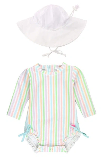 Rufflebutts Babies' Rainbow Stripe Long Sleeve One-piece Rashguard Swimsuit & Headband Set In White Multi-color