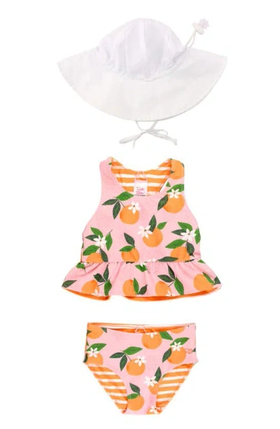 Rufflebutts Babies' Reversible Tankini Two-piece Swimsuit & Hat Set In Orange