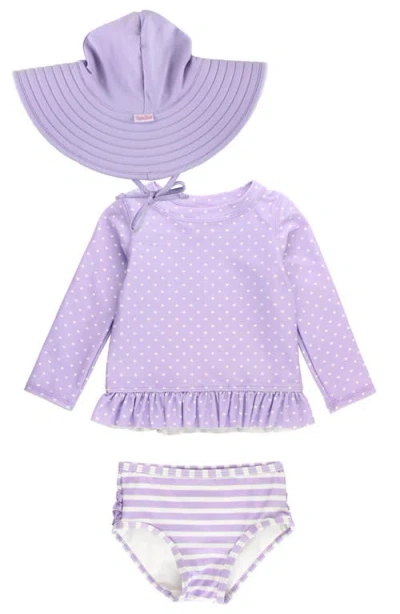 Rufflebutts Babies'  Ruffle Long Sleeve Two-piece Rashguard Swimsuit & Hat Set In Purple