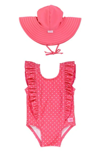 Rufflebutts Babies' Ruffle Waterfall One-piece Swimsuit & Hat Set In Hot Pink
