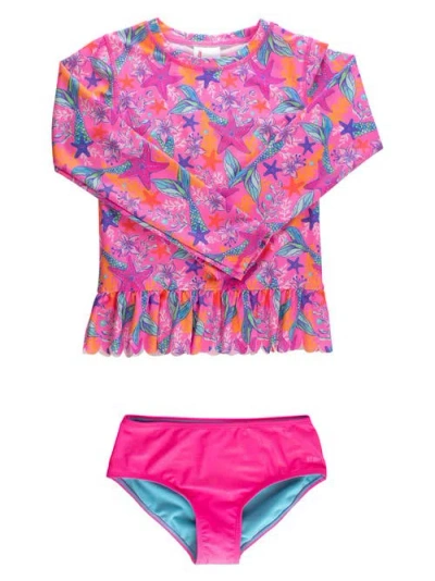 Rufflebutts Kids'  Scallop Hem Long Sleeve Rash Guard 2-piece Bikini Swimsuit In Pink