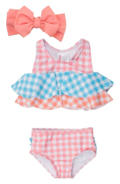 Rufflebutts Babies'  Seaside Gingham Two-piece Swimsuit & Headband Set In Orange