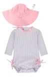 Rufflebutts Seersucker Long Sleeve One-piece Rashguard Swimsuit & Hat Set In Purple
