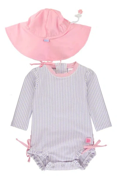 Rufflebutts Babies'  Seersucker Long Sleeve One-piece Rashguard Swimsuit & Hat Set In Purple