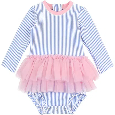 Rufflebutts Babies'  Seersucker Long Sleeve One-piece Swimsuit In Blue