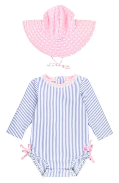 Rufflebutts Babies'  Seersucker One-piece Rashguard Swimsuit & Hat Set In Bluednu