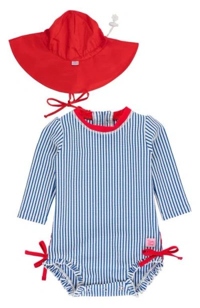 Rufflebutts Babies'  Seersucker One-piece Rashguard Swimsuit & Sun Hat Set In Blue