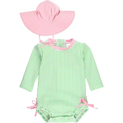 Rufflebutts Babies'  Seersucker One-piece Rashguard Swimsuit & Sun Hat Set In Green