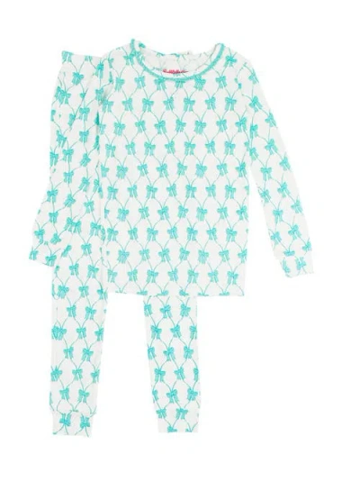 Rufflebutts Kids'  Softsnooze Girls Ruffle Long Sleeve Pajama Set In Teal Fairytale Bows