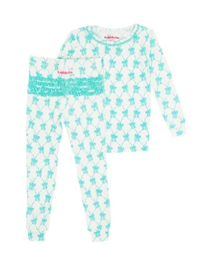 Rufflebutts Softsnooze Toddler Girls Ruffle Long Sleeve Pajama Set In Teal Fairytale Bows