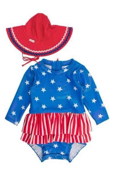 Rufflebutts Babies'  Star Stripes One-piece Rashguard Swimsuit & Hat Set In Multi