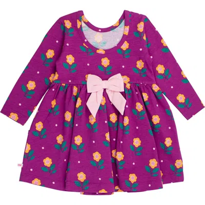 Rufflebutts Babies'  Sunflower Meadow Long Sleeve Stretch Cotton Dress In Purple