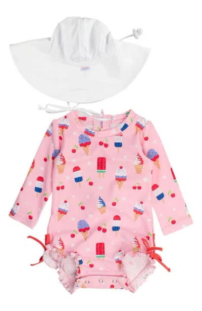 Rufflebutts Babies'  Sweet Freedom One-piece Rashguard Swimsuit & Hat Set In Pink