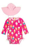Rufflebutts Sweet Scoops Long Sleeve One-piece Rashguard & Hat Set In Pink