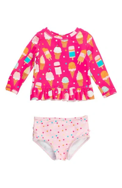 Rufflebutts Babies'  Sweet Scoops Long Sleeve Two-piece Rashguard Swimsuit In Pink