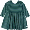 Rufflebutts Babies'  Toddler Girls Knit Long Sleeve Twirl Dress In Fir Green & Navy Stripe