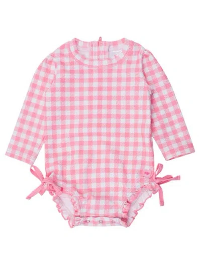 Rufflebutts Babies'  Toddler Girls Long Sleeve Upf50+ One Piece Rash Guard In Bubblegum Pink Gingham