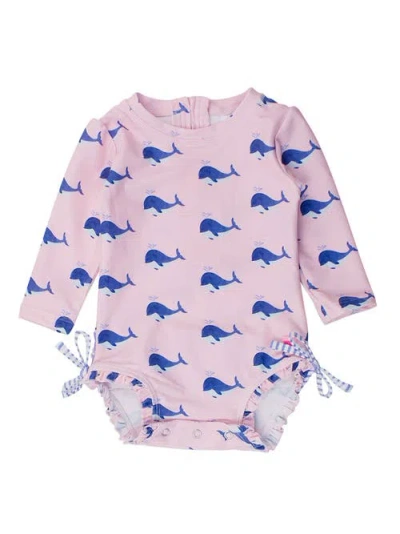 Rufflebutts Babies'  Toddler Girls Long Sleeve Upf50+ One Piece Rash Guard In Pink Whale Friends