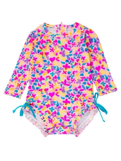 Rufflebutts Babies'  Toddler Girls Long Sleeve Upf50+ One Piece Rash Guard In Vibrant Neon