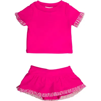 Rufflebutts Babies'  Toddler Girls Short Sleeve Ruffle Upf50+ Rash Guard Skirted 2-piece In Pink