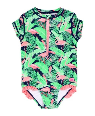 Rufflebutts Babies'  Toddler Girls Short Sleeve Upf50+ One Piece Rash Guard In Flamingo Frenzy