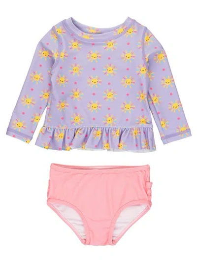 Rufflebutts Toddler Girls Upf50+ Long Sleeve Rash Guard Bikini In Lavender Sunshiny Day