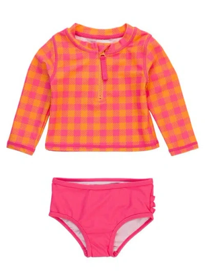 Rufflebutts Toddler Girls Upf50+ Long Sleeve Zipper Rash Guard 2-piece In Sunset Sorbet Gingham