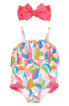 RUFFLEBUTTS TROPICAL ADVENTURE RUFFLE ONE-PIECE SWIMSUIT & HEADBAND SET