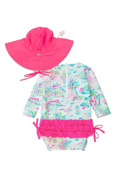 Rufflebutts Babies'  Tropical Resort One-piece Rashguard Swimsuit & Hat Set In Pink