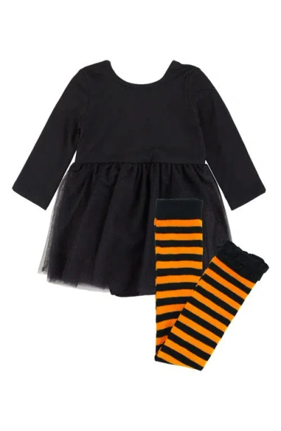 Rufflebutts Babies'  Tulle Skirted Bodysuit & Stripe Leggings Set In Black