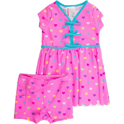 Rufflebutts Kids'  Upf50+ Active Short Sleeve Bow Dress & Bike Short Set In Pink