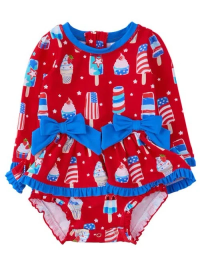 Rufflebutts Babies'  Upf50+ Long Sleeve One Piece Bow Peplum Rash Guard Swimsuit In Multi