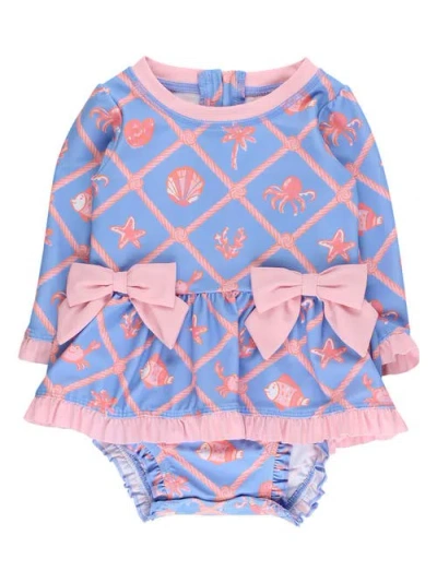 Rufflebutts Babies'  Upf50+ Long Sleeve One Piece Bow Peplum Rash Guard Swimsuit In Blue