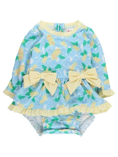 Rufflebutts Babies'  Upf50+ Long Sleeve One Piece Bow Peplum Rash Guard Swimsuit In Blue