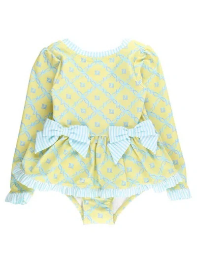Rufflebutts Babies'  Upf50+ Long Sleeve One Piece Bow Peplum Rash Guard Swimsuit In Green