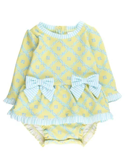 Rufflebutts Babies'  Upf50+ Long Sleeve One Piece Bow Peplum Rash Guard Swimsuit In Green