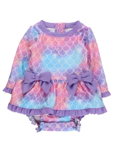 Rufflebutts Babies'  Upf50+ Long Sleeve One Piece Bow Peplum Rash Guard Swimsuit In Multi