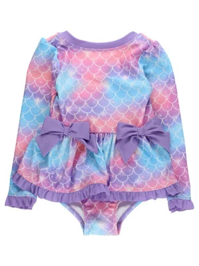 Rufflebutts Babies'  Upf50+ Long Sleeve One Piece Bow Peplum Rash Guard Swimsuit In Multi