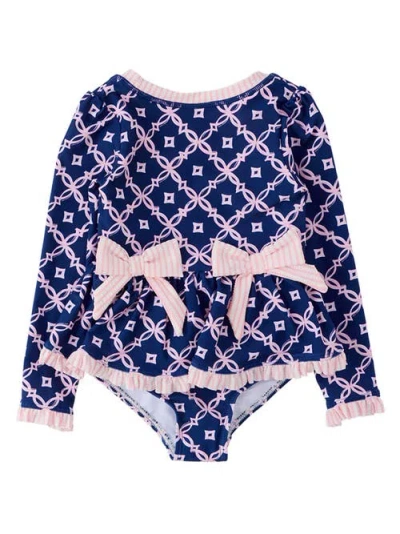 Rufflebutts Kids'  Upf50+ Long Sleeve One Piece Bow Peplum Rash Guard Swimsuit In Blue
