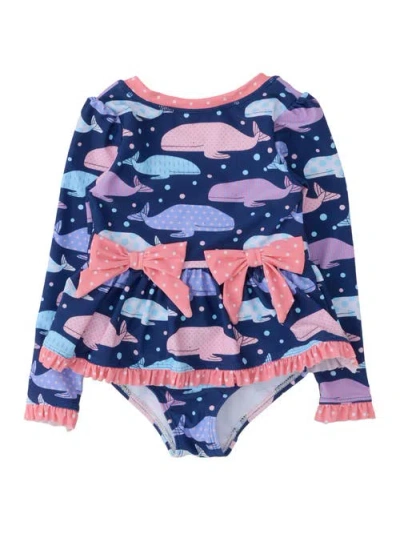 Rufflebutts Kids'  Upf50+ Long Sleeve One Piece Bow Peplum Rash Guard Swimsuit In Blue